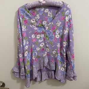 purple vintage floral ruffle trim blouse